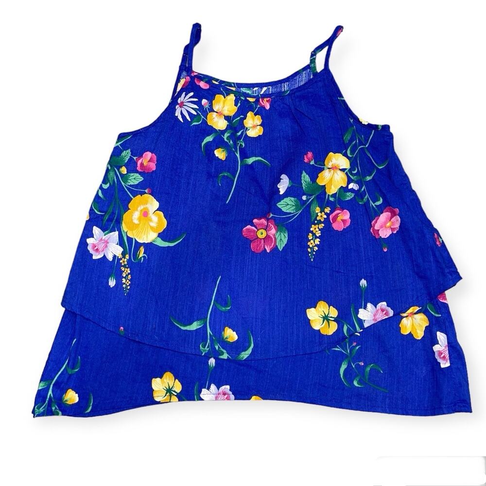NWOT L 10-12 Old Navy Bright Blue Floral Ruffle Swing Spaghetti Strap Top Shirt
